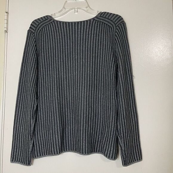 ST. JOHN midnight blue long sleeve silver shimmer stripe knit top size medium - Picture 6 of 6